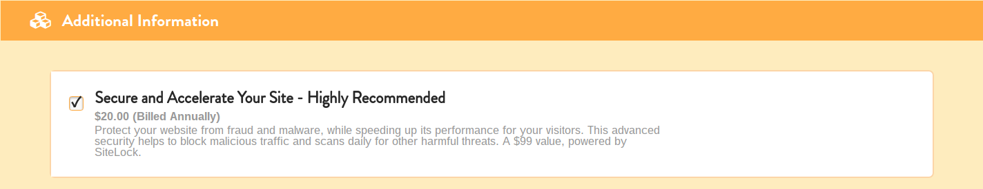 SiteLock is pre-checked so be sure to uncheck it if you don't want this service.