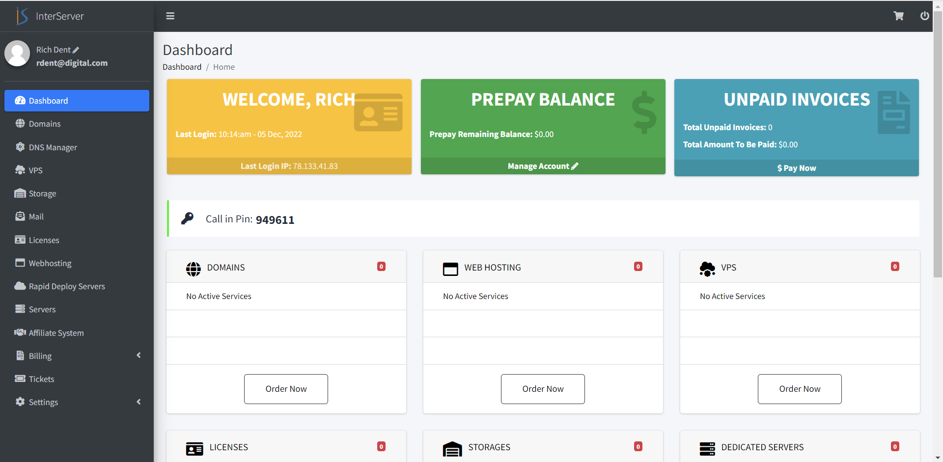 InterServer’s control panel