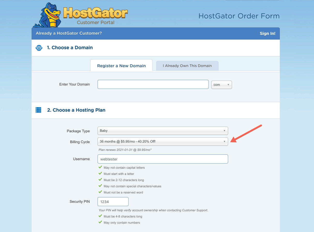 Choose a HostGator plan