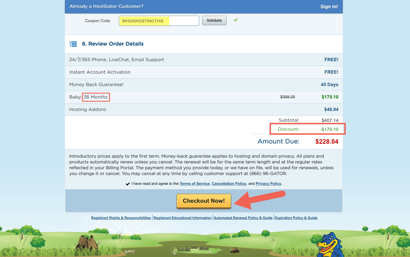 HostGator order review & checkout page