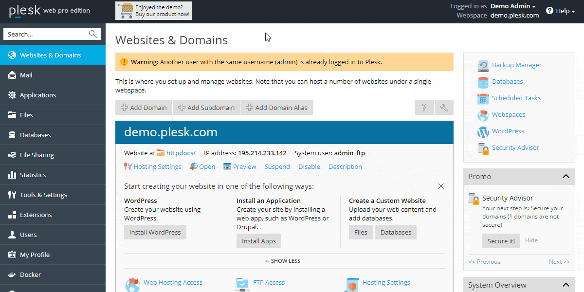 Plesk Control Panel Dashboard