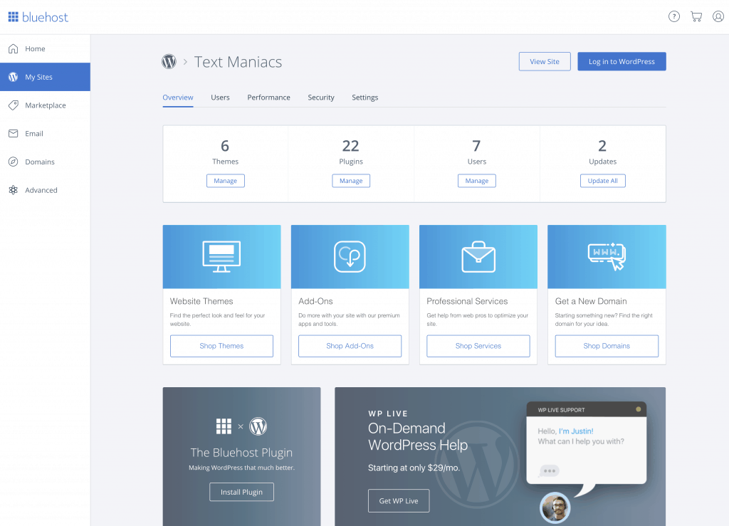 bluehost control panel