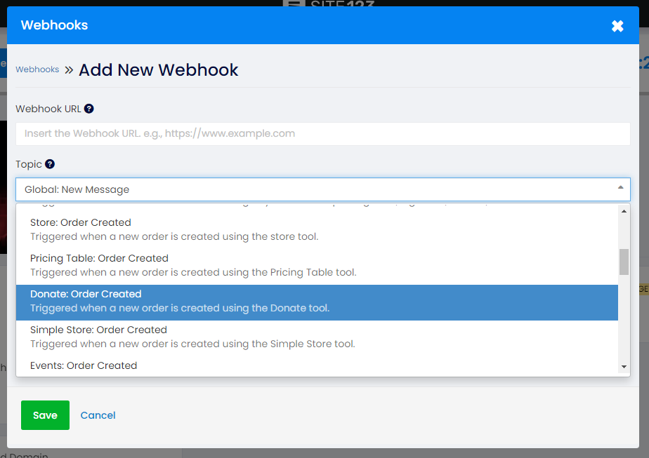 SITE123 Add New Webhook