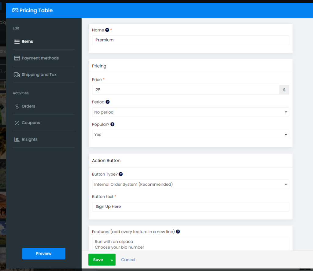 SITE123 Pricing Table