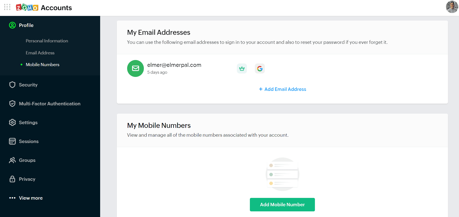 Zoho account dashboard