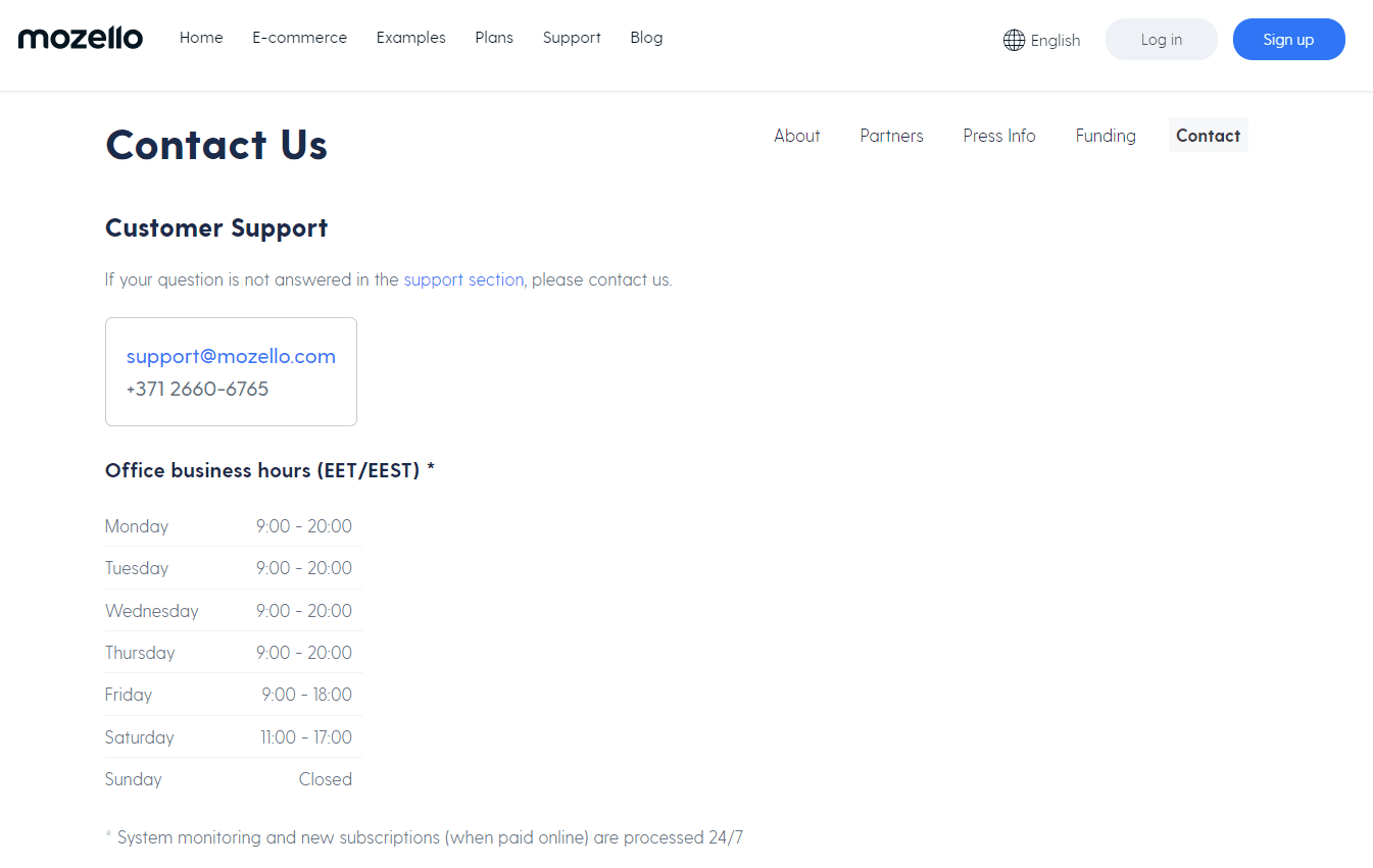 Mozello review - contact us page