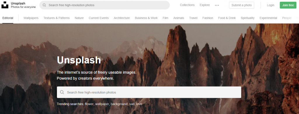 unsplash stock photo site homepage