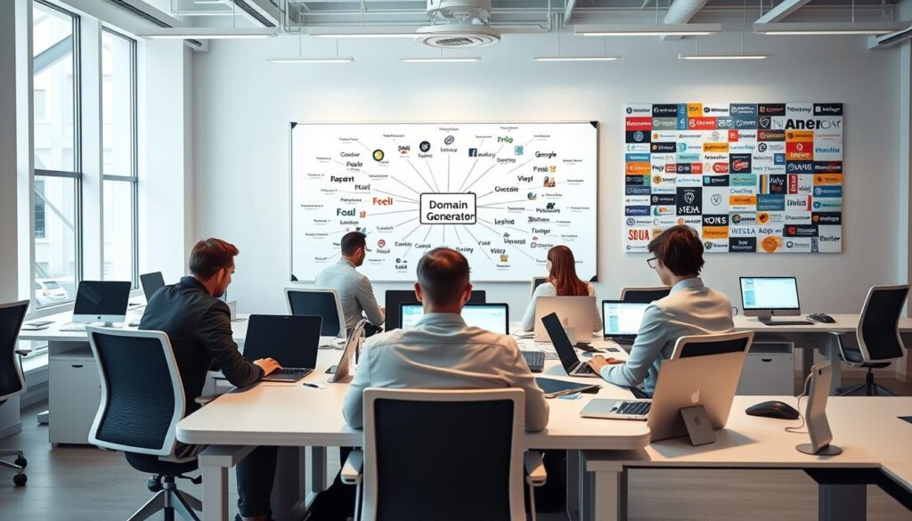 A bright, modern office setting with sleek, minimalist desks and ergonomic chairs. On the desks, various laptops and digital devices are arranged, suggesting a productive, tech-savvy environment. In the foreground, a group of people are intently focused on their screens, brainstorming and exploring different domain name generator tools. The middle ground features a large, interactive whiteboard displaying a mind map of potential domain name ideas, with various keywords and concepts interconnected. The background showcases a wall-mounted display showcasing a collage of successful domain names, inspiring the team to find the perfect fit for their project.
