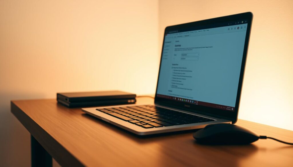 A clean, minimalist home office setup with a laptop, mouse, and keyboard prominently displayed on a wooden desk. Soft, warm lighting illuminates the scene, creating a focused and productive atmosphere. The laptop screen displays a domain configuration interface, with various settings and options clearly visible. The background is a neutral, off-white wall, allowing the technological elements to take center stage. The overall composition emphasizes the process of setting up and configuring a new domain, conveying a sense of organization and attention to detail.