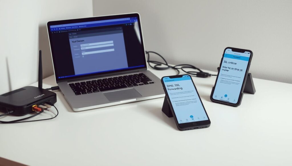 A clean, well-lit office desk setup with a laptop, smartphone, and various networking equipment including a router, modem, and Ethernet cables. The desk has a minimalist, organized aesthetic with the networking gear neatly arranged. The laptop screen displays a DNS configuration interface, while the smartphone shows an SSL certificate installation process. Soft, directional lighting illuminates the scene, casting subtle shadows and highlighting the technical details. The overall mood is one of efficiency and professionalism, suitable for illustrating the "Set Up Your Domain: DNS, SSL, and Forwarding" section of the article.