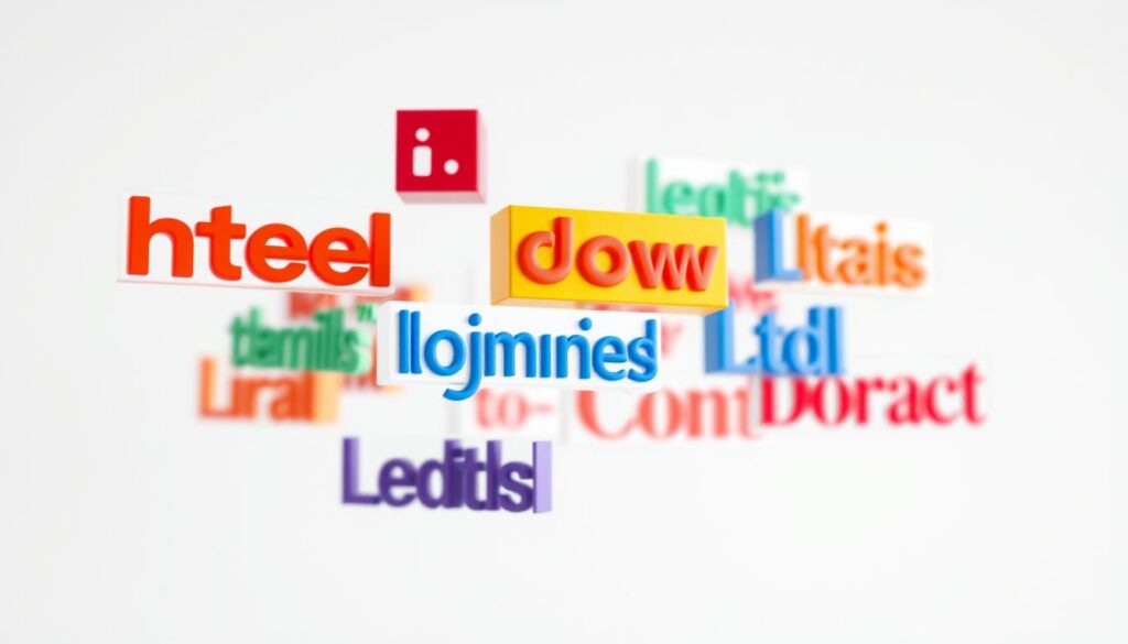 A close-up view of various domain name extensions (TLDs) floating against a clean, minimalist background. The extensions are rendered in vibrant, bold colors, with a sharp focus on the details and textures of each individual TLD. The lighting is soft and diffused, creating a sense of depth and dimension. The camera angle is slightly elevated, giving the viewer a bird's-eye perspective on the domain extensions, emphasizing their variety and importance as a key component of the domain name landscape.