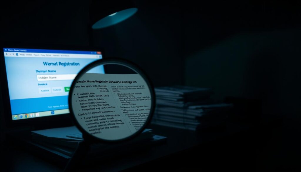 A dark, dimly-lit office scene with a desktop computer displaying a domain name registration interface. In the foreground, a magnifying glass hovers over the fine print, revealing hidden fees and charges. The middle ground shows a stack of invoices and documents, symbolizing the ongoing costs of domain ownership. In the background, shadows cast an ominous atmosphere, suggesting the unexpected financial burdens of maintaining an online presence. The lighting is dramatic, with a single spotlight illuminating the magnifying glass and fine print, creating a sense of unease and the feeling that something important is being overlooked.
