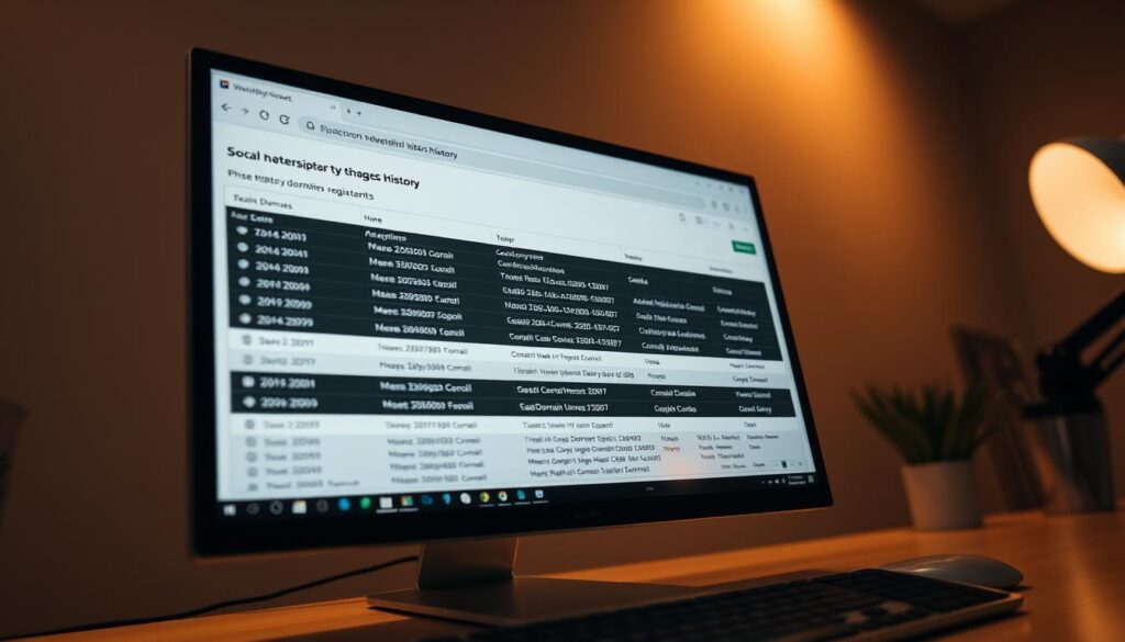 A detailed WHOIS history report, displayed on a sleek, minimalist computer screen. The interface is clean and intuitive, with a timeline of past domain registrants and ownership changes. The data is presented in a clear, concise manner, allowing the viewer to easily navigate and uncover clues about the domain's past. The scene is bathed in a soft, warm light, creating a sense of professionalism and authority. The angle is slightly elevated, giving the viewer a sense of control and mastery over the information. The overall atmosphere evokes a feeling of investigative research and uncovering hidden stories behind a domain's history.