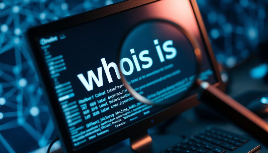 A detailed and intricate desktop scene depicting a computer monitor displaying whois information, with a magnifying glass examining the data. The background features a blurred network diagram, suggesting the technical and informational nature of the subject. The lighting is soft and directional, creating a sense of depth and emphasis on the monitor. The overall mood is one of investigation and data analysis, reflecting the importance of understanding domain ownership information.