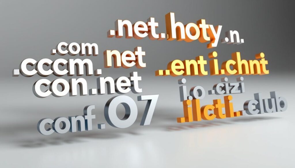 A detailed collection of diverse domain extensions floating in a clean, well-lit 3D space. Crisp metallic or glass-like .com, .net, .org, .io, .xyz, .co, .info, .biz, .club, and other popular top-level domains arranged in a visually striking and hierarchical manner. The extensions are presented with a sense of order and simplicity, allowing their unique shapes and colors to shine. Soft shadows and gentle highlights add depth and dimensionality, while a muted, professional color palette conveys a sense of stability and reliability. The overall composition is balanced, elegant, and optimized to showcase the key elements of domain extensions in a clear and compelling way.