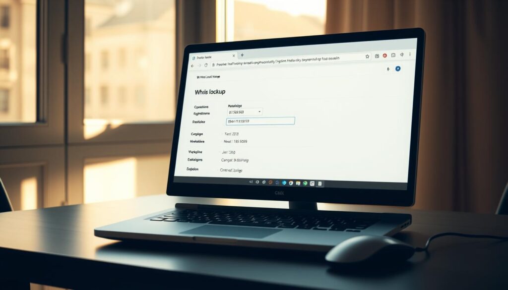 A detailed, high-resolution image of a computer screen displaying a "Whois Lookup" web page, showcasing information about a domain name's registration details. The scene is lit by a warm, natural light filtering through a window, casting a soft, diffused glow over the setup. The display is framed by a modern, minimalist desk with a sleek, silver laptop and a stylish, low-profile mouse. The overall atmosphere evokes a sense of professionalism and efficiency, perfectly suited for illustrating the process of finding out who owns a domain name.