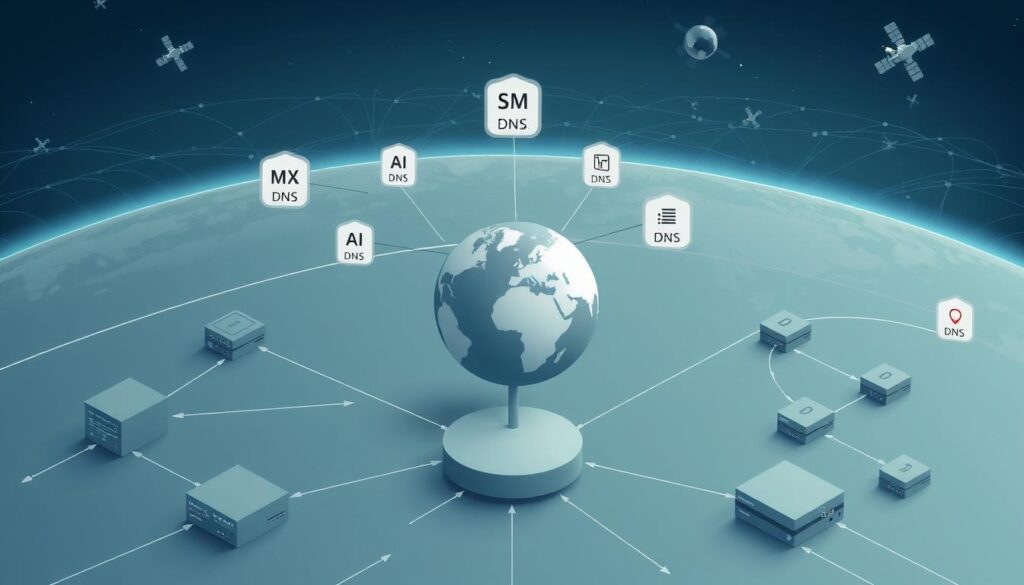A detailed technical diagram depicting the core components of the Domain Name System (DNS). In the foreground, a network of interconnected servers and routers representing the DNS hierarchy, with various record types (A, MX, CNAME, etc.) visualized as floating icons. The middle ground features a stylized globe with continents and oceans, symbolizing the global distribution of the DNS infrastructure. In the background, a panoramic view of the internet landscape, with data packets flowing through fiber optic cables and satellite connections. The overall atmosphere is one of precision, interconnectivity, and the seamless functioning of the underlying internet architecture. Rendered in a clean, minimalist style with a muted color palette, using a combination of orthographic and isometric perspectives to enhance the technical and informative nature of the image.