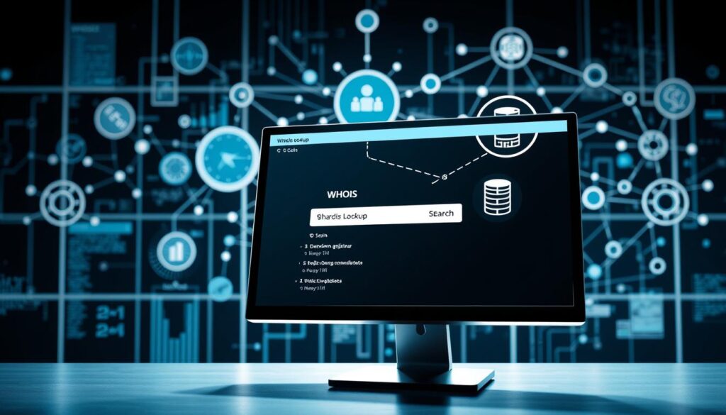 A detailed technical illustration of a WHOIS lookup process. In the foreground, a computer monitor displays a WHOIS search interface, with input fields and search results. In the middle ground, a network diagram depicts the flow of data between the user, domain registrar, and public WHOIS databases. In the background, abstract data visualizations and network symbols convey the interconnected nature of the domain ownership ecosystem. The lighting is crisp and technical, with a cool color palette to evoke a sense of digital precision. The composition uses a wide-angle lens to capture the full scope of the WHOIS lookup workflow.