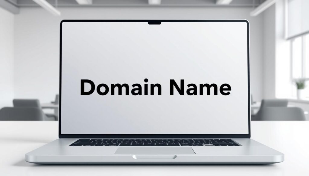 A digital illustration of an available domain name displayed on a sleek, modern laptop screen. The laptop is situated on a minimalist, white desk, with a clean, well-lit office setting in the background. The domain name text is rendered in a bold, sans-serif font, prominently featured against a neutral, gradient background. The overall composition conveys a sense of opportunity, professionalism, and the potential for a new online presence.