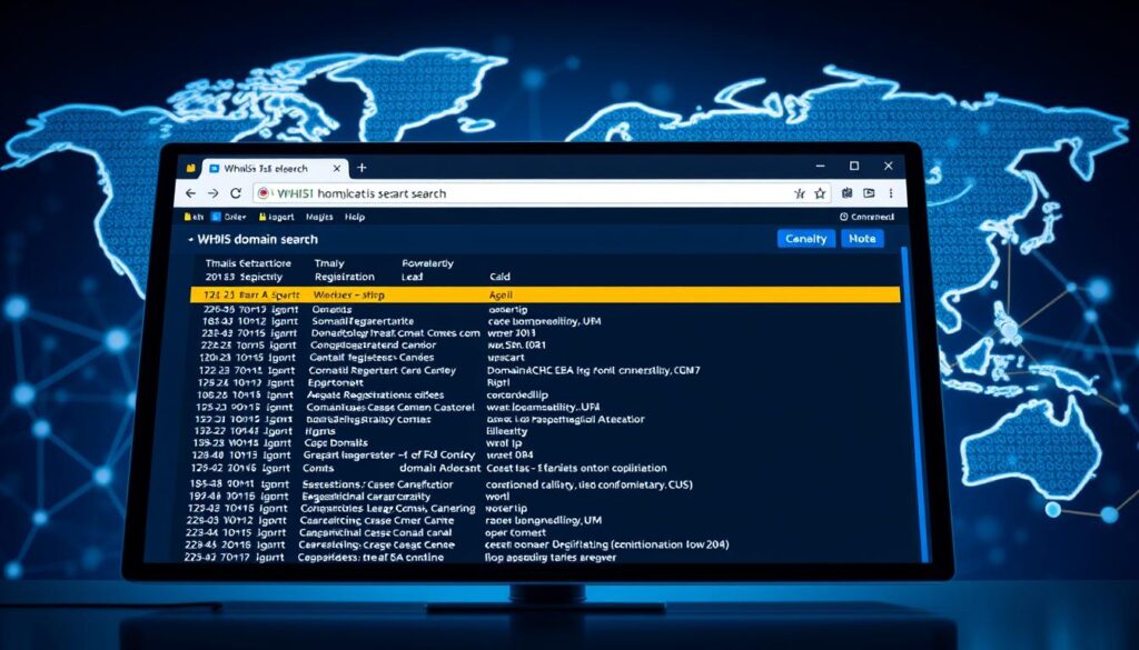 A digital interface depicting a comprehensive WHOIS database search, showcasing detailed domain ownership information. The foreground features a modern web browser window with a clean, minimalist design, displaying the WHOIS data in a structured, easy-to-navigate format. The middle ground includes abstract data visualizations, such as interconnected nodes and graphs, highlighting the complex network of domain registrations and ownership. The background subtly incorporates a world map, emphasizing the global nature of the internet and domain registration. The lighting is soft and diffused, creating a professional, authoritative atmosphere. The camera angle is slightly elevated, providing an overview of the digital landscape, conveying a sense of understanding and control over domain ownership.