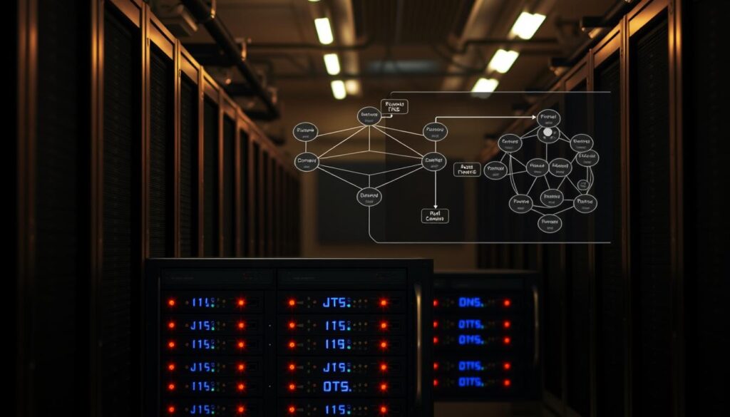A dimly lit server room, with rows of sleek, black rack-mounted servers humming softly. In the foreground, a cluster of recursive DNS servers stand out, their LED indicators blinking rhythmically as they process a constant stream of domain name resolution requests. The middle ground features a network diagram, depicting the interconnected relationships between root, TLD, and authoritative DNS servers. The background is slightly out of focus, hinting at the larger infrastructure that supports the global Domain Name System. The scene is illuminated by a warm, ambient glow, creating a sense of technical sophistication and the quiet efficiency of the DNS ecosystem.