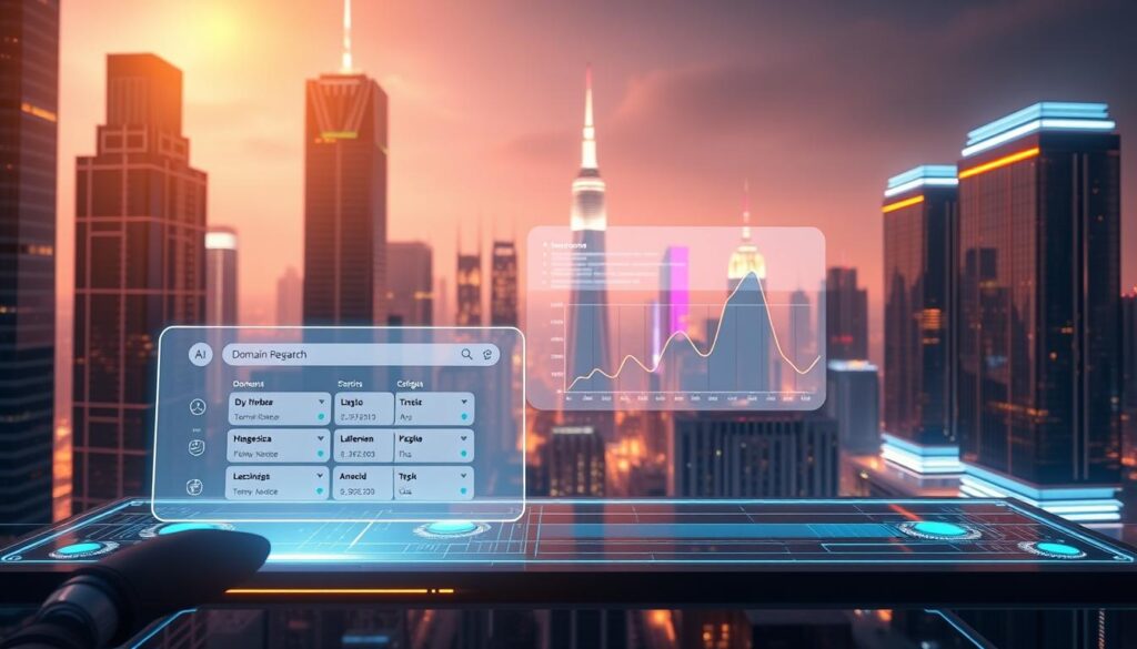 A futuristic domain registration interface, showcasing an AI-powered domain search and selection process. In the foreground, a sleek, holographic display presents a range of available domain names, with intuitive filtering and suggestion tools. The middle ground features a dynamic visualization of domain trends and metrics, powered by advanced analytics. In the background, a cityscape of towering skyscrapers and glowing neon lights sets the scene, evoking a sense of technological prowess and innovation. Warm, diffused lighting casts a glow over the entire scene, creating a visually captivating and immersive user experience that embodies the future of domain management.