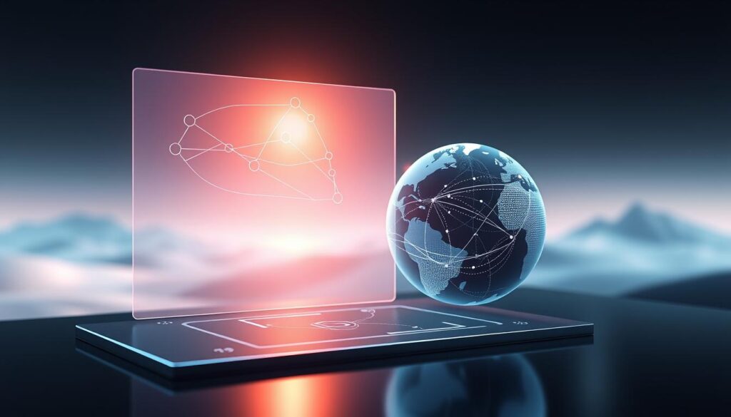 A futuristic, three-dimensional visualization of a DNS strategy, with a sleek, minimalist design. In the foreground, a holographic display showcases interconnected network nodes, representing different domain resolution pathways. The middle ground features a stylized globe, with dynamic data flows streaming across its surface, illustrating the global reach of the DNS system. In the background, a serene, ethereal landscape with hints of technology, conveying the seamless integration of DNS into the modern digital landscape. Soft, warm lighting casts an inviting glow, while a shallow depth of field focuses the viewer's attention on the central DNS strategy elements. The overall mood is one of sophistication, efficiency, and the power of interconnectivity.