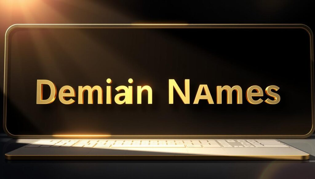 A high-contrast, glossy digital illustration of a collection of premium domain names displayed on a sleek, minimal interface. The domain names are rendered in a clean, modern typeface with an emphasis on elegance and sophistication. The interface features a dark, monochromatic color scheme with subtle accents of gold or metallic tones, creating a sense of luxury and exclusivity. The overall composition is well-balanced, with the domain names positioned prominently in the foreground, framed by a minimalist, high-tech background. The lighting is dramatic, with strong shadows and highlights that accentuate the premium nature of the domains. The mood is one of professionalism, opportunity, and the promise of a valuable digital asset.