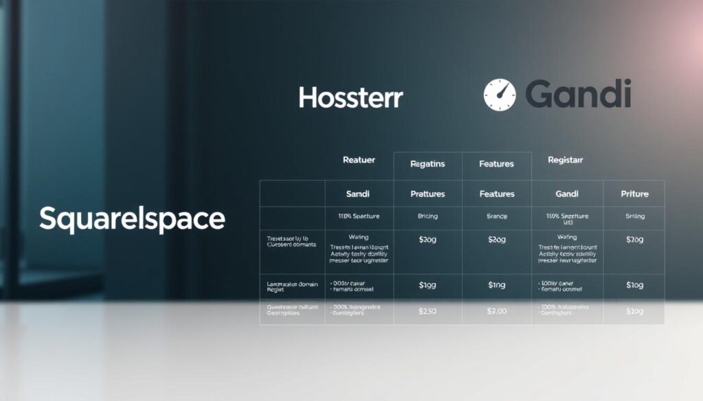 A high-quality, detailed comparison of three trusted domain registrars - Squarespace Domains, Hostinger, and Gandi. The image should showcase their logos prominently in the foreground, with a sleek and modern design. The middle ground should feature key features and pricing information for each registrar, displayed in a clean and organized manner. The background should have a professional, corporate atmosphere with subtle gradients or patterns to create depth and visual interest. The lighting should be soft and directional, highlighting the registrar details. The composition should be balanced and visually appealing, guiding the viewer's eye through the comparative information.