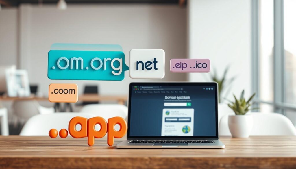 A high-quality image showcasing various top-level domain (TLD) extensions floating above a sleek, minimalist desktop setup. The foreground features a clean, well-organized arrangement of popular TLDs like .com, .org, .net, .io, .co, and .app, each with a distinct color scheme and subtle 3D effect, creating a sense of depth and visual interest. The middle ground depicts a modern, elegant laptop or tablet displaying a domain registration website, while the background features a softly blurred office or workspace environment with subtle lighting and shadows, conveying a professional, business-focused atmosphere. The overall composition and color palette should feel cohesive, inspiring, and visually appealing to the viewer.