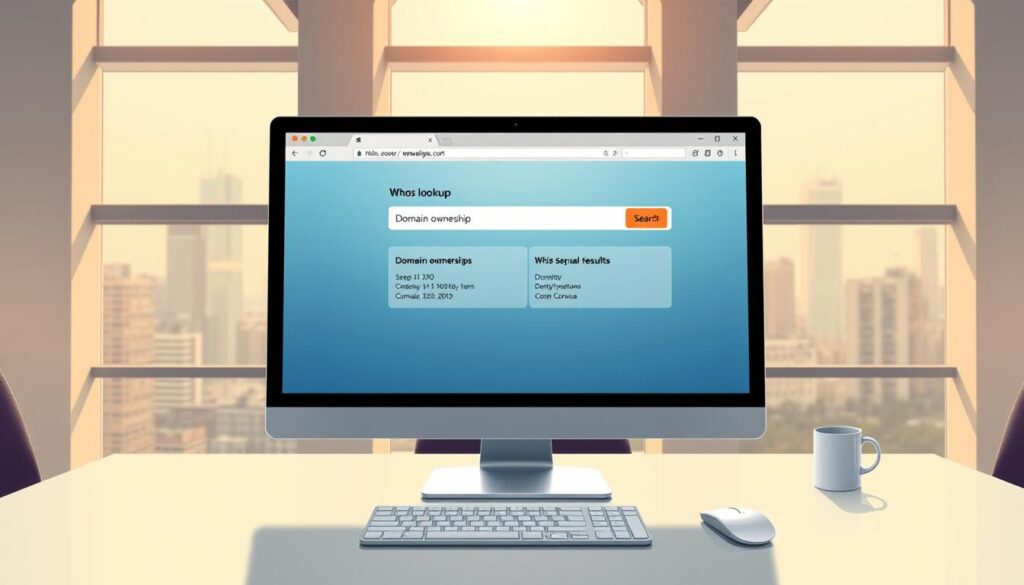 A high-resolution digital illustration depicting a detailed whois lookup interface on a computer screen. The foreground shows a web browser window with a search box, buttons, and results displaying domain ownership information. The middle ground features a minimalist office desk with a keyboard, mouse, and coffee mug. The background has a modern, clean office environment with large windows overlooking a city skyline. The lighting is natural, warm, and diffused, creating a professional and authoritative atmosphere. The angle is a slightly elevated perspective, giving the viewer a sense of power and control over the domain search process.