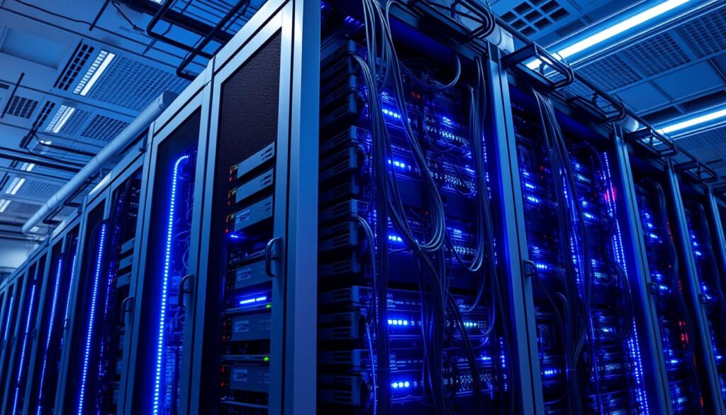 A high-tech DNS server rack standing tall in a modern, well-lit data center. Sleek, metallic cabinets house the powerful processors and network interfaces, bathed in a cool, blue-tinted illumination. Intricate cables and wiring snakes through the rack, conveying the complex flow of data. The server's LED indicators blink rhythmically, reflecting the ceaseless activity of managing domain name resolution. A sense of precision and efficiency permeates the scene, underscoring the critical role of the DNS server in seamlessly connecting users to online resources.