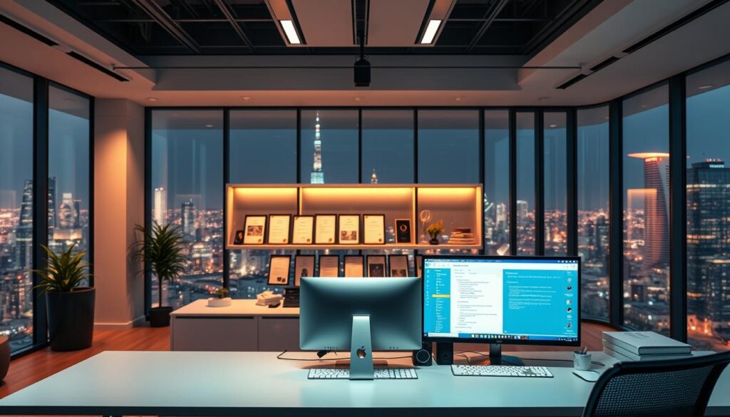 A modern and professional domain name registrar office, with a sleek and minimalist interior design. The foreground features a large desk with a state-of-the-art computer setup, showcasing the registrar's online tools and services. In the middle ground, there are shelves displaying domain name registration certificates and awards, conveying the registrar's expertise and credibility. The background depicts floor-to-ceiling windows overlooking a vibrant cityscape, creating a sense of a thriving, tech-savvy environment. The lighting is warm and inviting, with a mixture of natural and artificial illumination. The overall atmosphere exudes a sense of trust, reliability, and a commitment to providing a seamless domain name registration experience.