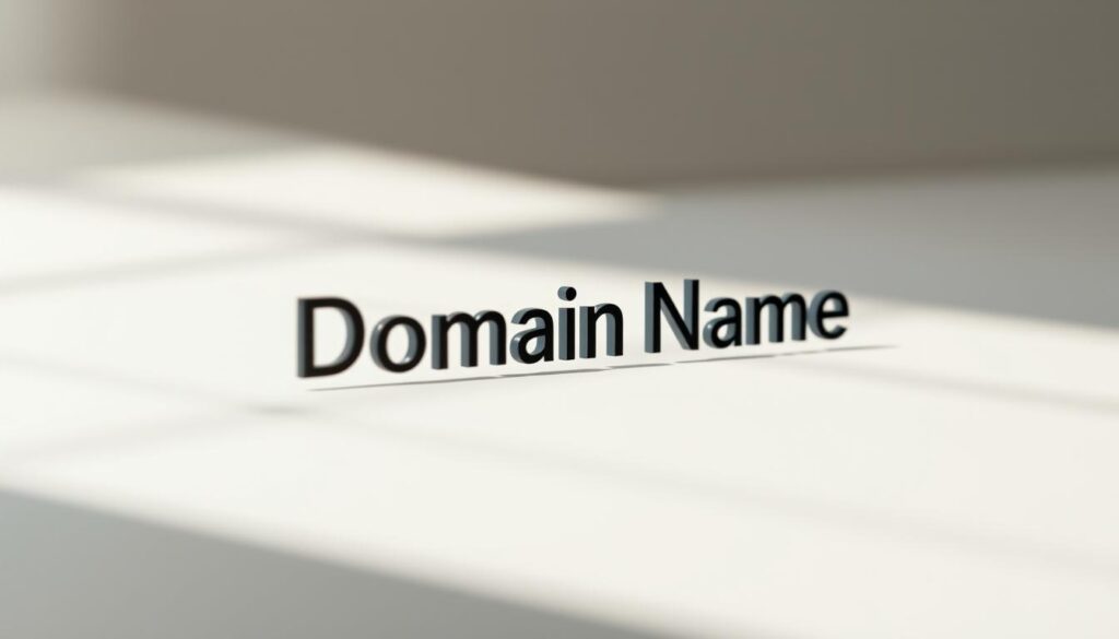 A modern, minimalist composition depicting a domain name in a sleek, professional manner. The domain name is rendered in a clean, sans-serif typeface with a subtle drop shadow, floating against a softly blurred background of muted, harmonious colors. The lighting is natural and diffused, creating a sense of balance and sophistication. The camera angle is slightly elevated, giving the domain name a prominent, focal position. The overall mood is one of simplicity, clarity, and brand-forward elegance, suitable for representing a high-quality domain registrar service.
