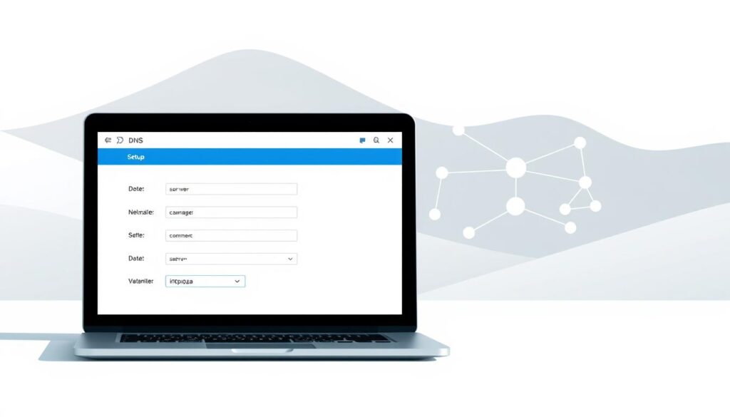 A modern, minimalist illustration of a DNS setup. In the foreground, a laptop display shows a clean, intuitive DNS configuration interface with clearly labeled fields. Behind it, an abstract network diagram with nodes and interconnected lines, conveying the complex web of DNS servers and protocols. The background features a serene, pastel-toned landscape with subtle gradients, suggesting the calm and reliability of a well-configured domain. Crisp, directional lighting casts soft shadows, emphasizing the depth and dimensional aspects of the scene. The overall mood is one of simplicity, professionalism, and technological elegance.