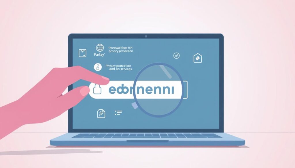 A modern, minimalist illustration of hidden domain name costs. In the foreground, a hand hovers over a laptop screen, with various icons and symbols representing renewal fees, privacy protection, and add-on services. The middle ground features a stylized domain name, partially obscured by a magnifying glass, suggesting the need to closely examine the details. The background is a soft, gradient-based color palette, creating a sense of depth and focus on the central elements. The lighting is crisp and clean, with subtle shadows emphasizing the depth of the composition. The overall mood is one of thoughtfulness and attention to detail, fitting the subject matter of hidden domain name costs.