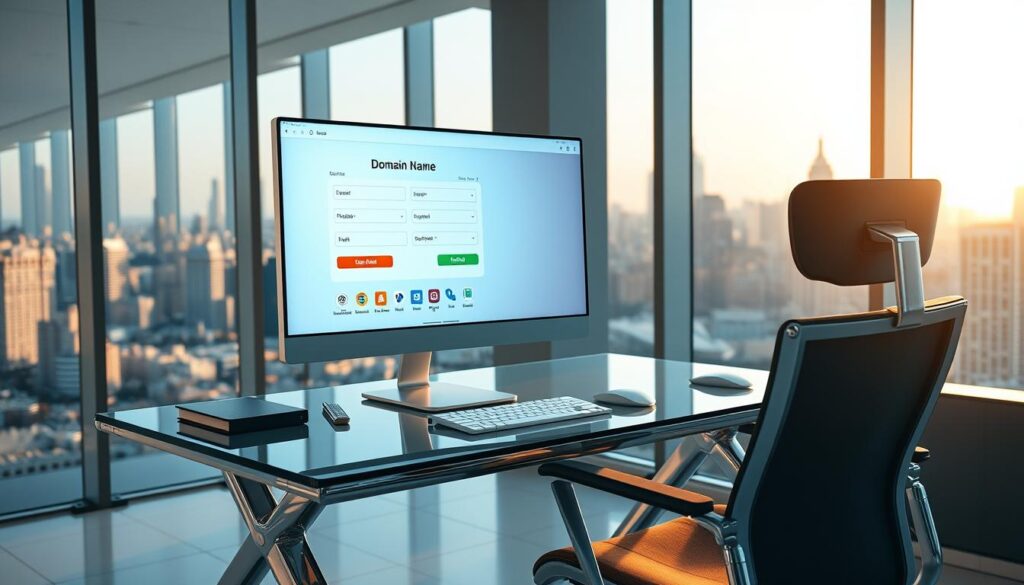 A modern, minimalist office workspace with a sleek, chrome-and-glass desk, a high-resolution monitor, and a stylish, ergonomic office chair. In the background, large windows offer a panoramic view of a bustling city skyline, bathed in warm, golden-hour sunlight. On the desk, a domain name registration form is open on the computer screen, along with various productivity apps and tools, conveying the idea of managing everything in one central location.