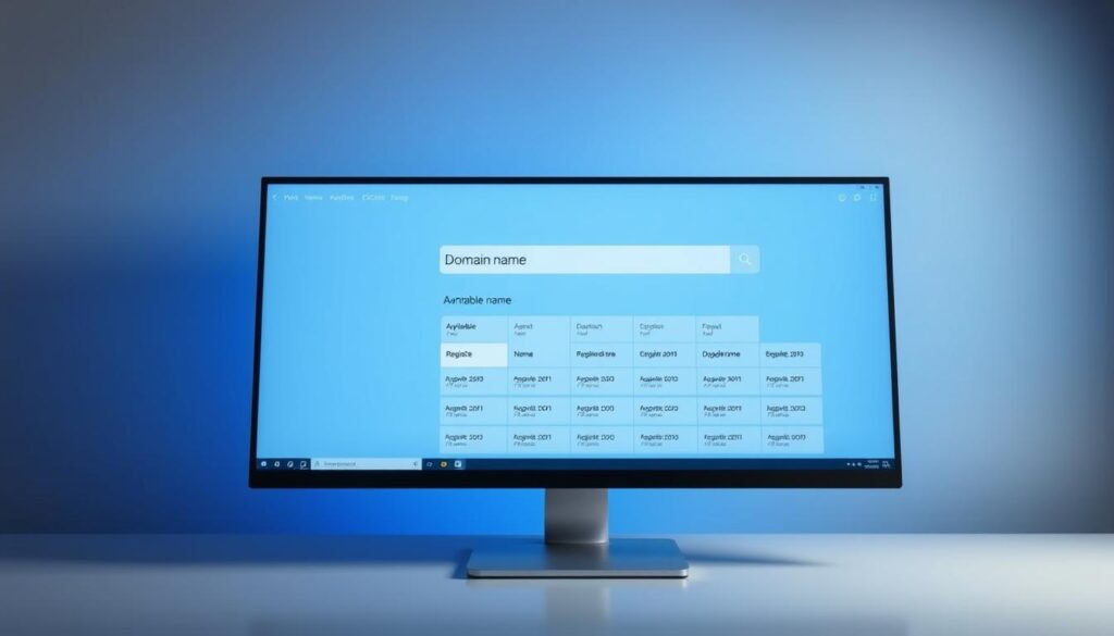 A modern, minimalist-style desktop computer screen displaying a domain name search interface. In the foreground, a sleek cursor hovers over a search bar, ready to input the desired domain name. The middle ground features clean, well-organized search results displayed in a grid layout, showcasing available and registered domain options. The background subtly blends shades of blue and gray, creating a calming, professional atmosphere that evokes a sense of efficiency and productivity. Soft, directional lighting illuminates the scene, highlighting the crisp details of the digital interface. The overall composition conveys the step-by-step process of searching for and selecting the perfect domain name.