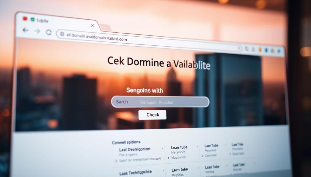 A modern, minimalist web browser window displays a "Check Domain Availability" interface. The foreground features a clean, intuitive search bar with a prominent "Check" button. The middle ground showcases an elegant domain suggestion grid, highlighting available options. The background depicts a soft, blurred city skyline, suggesting the global reach of domain registration. Warm, directional lighting creates depth and highlights the interface elements. A high-resolution, macro-style camera angle emphasizes the attention to detail in the user experience design.