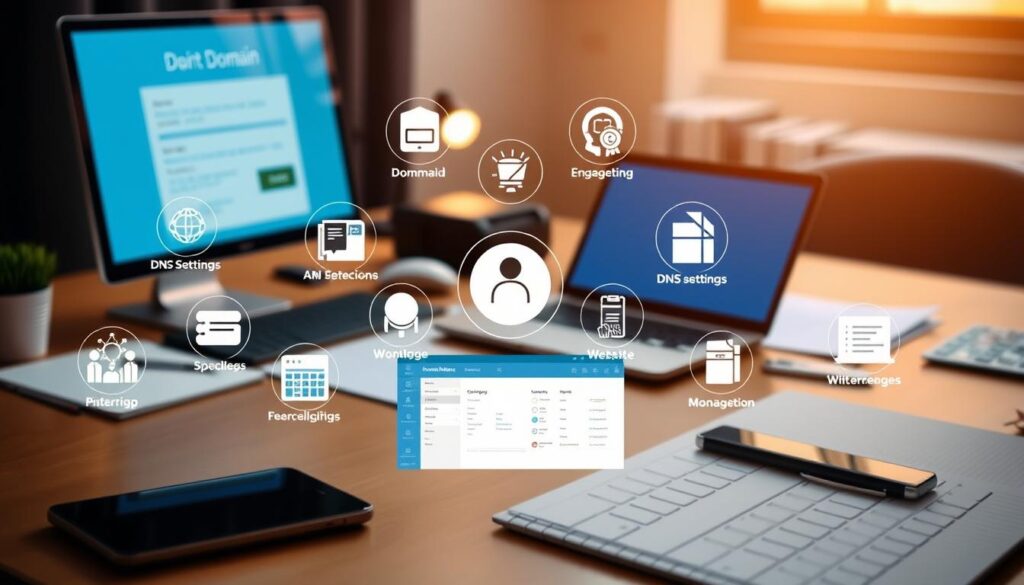 A modern office desk with a laptop, mobile phone, and documents, surrounded by domain name registration and management icons. The scene is well-lit, with a soft, warm glow from a window in the background. The desk is clean and organized, conveying a sense of professionalism and control over digital assets. In the foreground, various domain-related tools and interfaces are displayed, including a domain registration platform, DNS settings, and website management panels. The overall atmosphere is one of confidence, efficiency, and technological mastery in the domain management process.