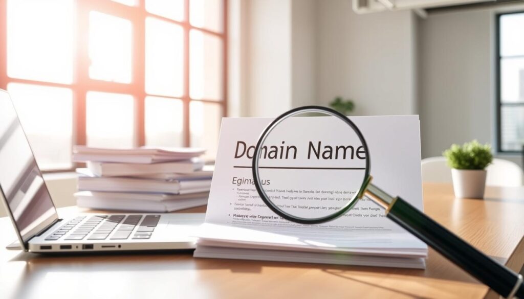 A modern office desk with a laptop, stacks of documents, and a magnifying glass focused on a domain name registration form. Bright natural lighting streams in through large windows, casting a professional, business-oriented atmosphere. The scene conveys the process of researching and securing a domain name, essential for establishing an online presence. The overall composition highlights the attention to detail and careful consideration required when choosing and registering a domain name.