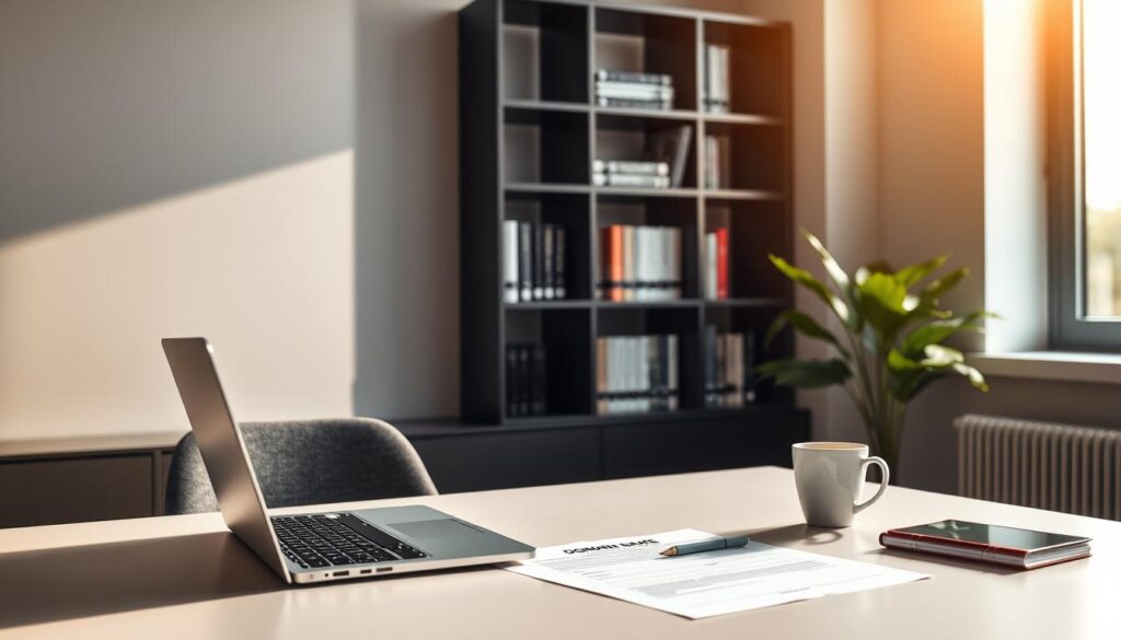 A modern office desk with a silver laptop, a cup of coffee, and a domain name registration form neatly placed on the surface. The desk is illuminated by warm, diffused lighting from a large window, casting a soft glow over the scene. In the background, a sleek, minimalist bookshelf displays various business and finance books, suggesting a professional setting. The overall atmosphere exudes a sense of focus, productivity, and the importance of domain value in the digital landscape.