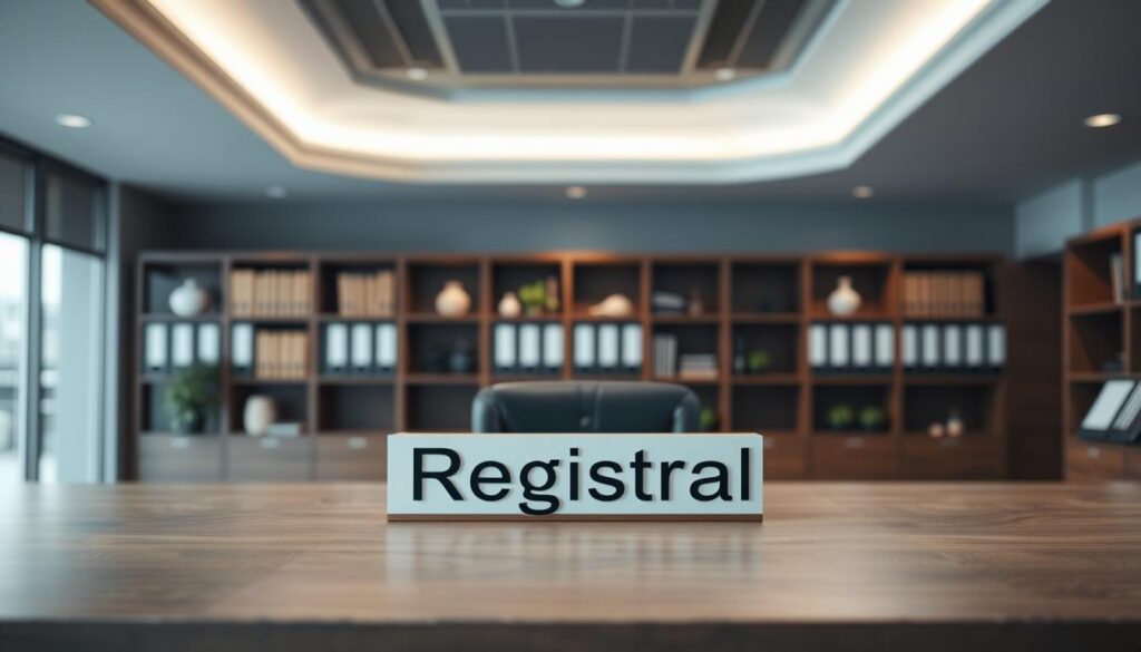 A modern, professional-looking office interior with a large desk in the foreground. The desk has a prominent nameplate that reads "Registrar" in a clean, sans-serif font. Behind the desk, a row of filing cabinets and bookshelves line the walls, conveying an air of authority and expertise. The lighting is soft and diffused, creating a calming atmosphere. The overall composition suggests a trusted, ICANN-accredited domain registration service, ready to assist customers with their domain-buying needs.