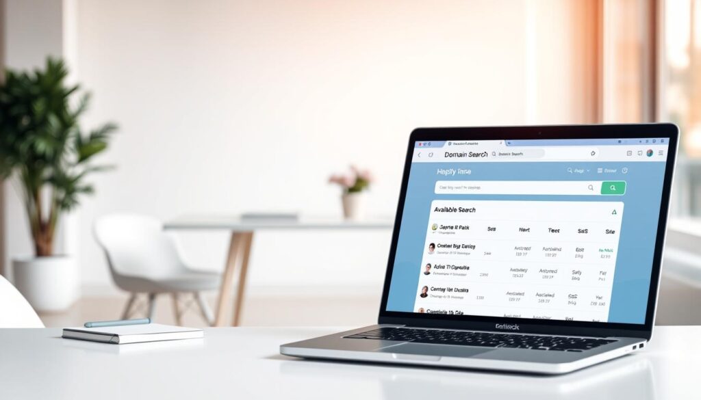 A modern, sleek domain search platform against a backdrop of a minimalist office interior. In the foreground, a laptop screen displays a sophisticated domain search interface, highlighting available domain names and key details. The middle ground features a clean, elegant desk with a potted plant and a thoughtfully placed notebook, conveying a sense of productivity and professionalism. The background is softly blurred, with subtle hints of warm, natural lighting filtering through large windows, creating a calming and inviting atmosphere. The overall composition suggests a harmonious blend of technology, design, and a professional working environment, reflecting the importance of a well-curated domain search experience for a thriving business.