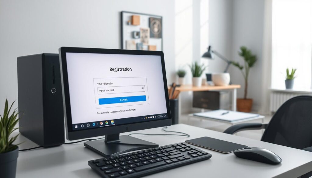A modern, well-lit home office setup with a sleek desktop computer, keyboard, and mouse. In the foreground, a domain registration confirmation page is open on the screen, showcasing the newly purchased domain. The middle ground features a tidy workspace with organizational accessories, a stylish desk lamp, and a potted plant adding a touch of nature. The background depicts a minimalist wall decor, with a large window allowing natural light to stream in, creating a serene and productive atmosphere. The overall scene conveys a sense of accomplishment and satisfaction in the successful domain setup process.