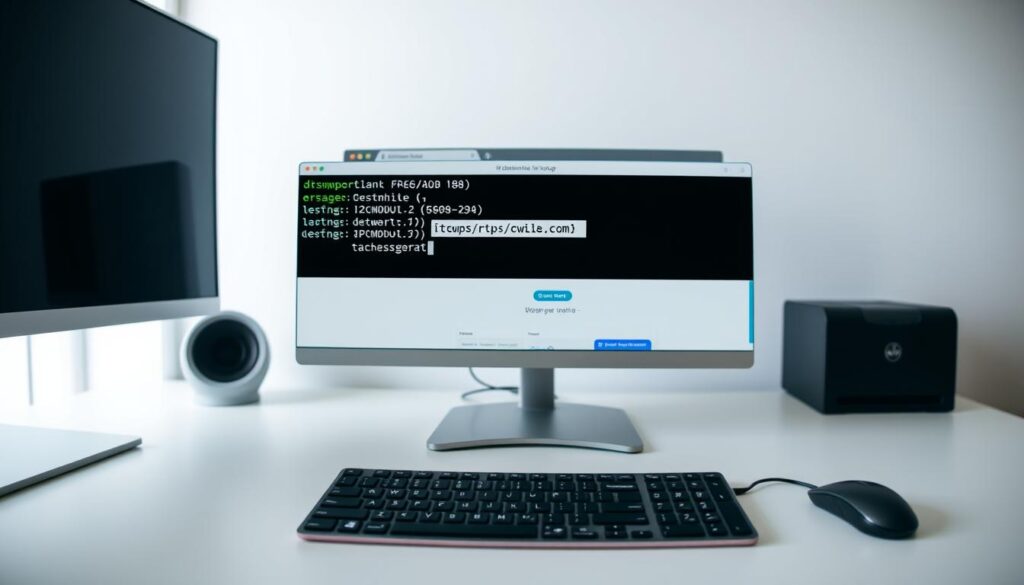 A panoramic desktop view showcasing a detailed DNS lookup process. In the foreground, a terminal window displays the step-by-step sequence of a domain name resolution, with the IP address prominently displayed. In the middle ground, a web browser window shows the landing page of the domain, reflecting the successful lookup. The background features a minimalist office setting, with a sleek monitor, keyboard, and mouse, all bathed in a soft, diffused lighting that creates a serene, productive atmosphere.