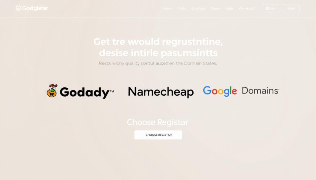 A professional, modern website showcasing a selection of reputable domain registrars based in the United States. The foreground features a clean, minimalist user interface with a prominent "Choose Registrar" call-to-action button. The middle ground displays high-quality logos and brand identities of well-known, trustworthy registrars such as GoDaddy, Namecheap, and Google Domains. The background is a soft, neutral gradient, creating a serene and authoritative atmosphere. The overall lighting is bright and even, with a slight warm tone, giving the image a sense of reliability and professionalism. The camera angle is slightly elevated, creating an inviting and accessible perspective for the viewer.