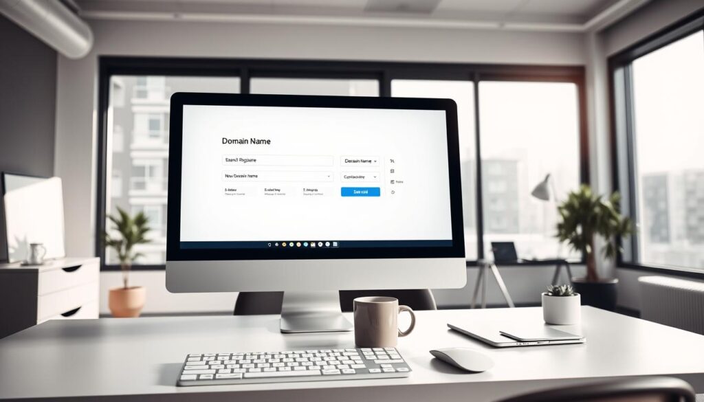 A professional office workspace with a sleek, minimalist aesthetic. In the foreground, a modern desktop computer with a clean, white monitor and keyboard. On the screen, a domain name registration interface is displayed, showcasing the process of searching for and acquiring a new domain name. In the middle ground, a neatly organized desk with a stylish laptop, a mug of coffee, and a few carefully placed office supplies. The background features large windows with natural light streaming in, creating a bright and airy atmosphere. The overall mood is one of efficiency, productivity, and a focus on the task at hand - securing the perfect domain name for a new online venture.
