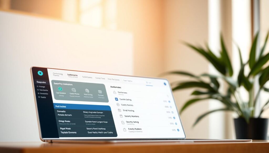A serene and organized domain management interface, showcasing various subdomains and web hosting tools. In the foreground, a sleek and intuitive dashboard with customizable widgets, allowing users to monitor and manage their domains with ease. The middle ground features a clean, responsive design with clear navigation, enabling seamless domain configuration, security settings, and email hosting. The background softly blurs, highlighting the focus on simplicity and functionality. Warm, natural lighting casts a subtle glow, creating a welcoming and trustworthy atmosphere for users to confidently secure and maintain their online presence.