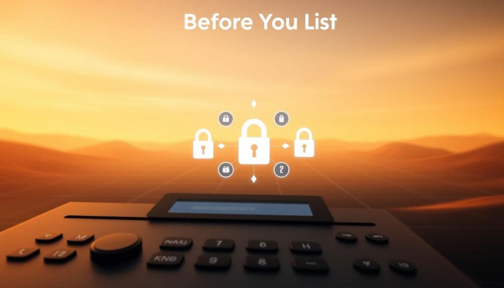 A serene digital landscape showcasing the key elements of domain protections. In the foreground, a sleek, modern domain name registration interface with intuitive controls. In the middle ground, a cluster of secure lock icons and encryption symbols, signifying the robust security measures in place. The background features a subtle grid pattern, evoking the interconnected nature of the digital ecosystem. Warm, ambient lighting bathes the scene, creating a sense of trustworthiness and reliability. The overall mood is one of confidence and reassurance, perfectly capturing the essence of the "Before You List" section on GoDaddy's domain selling process.